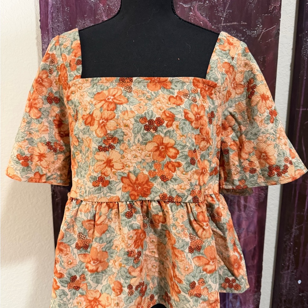 NWT Wild Oak Boutique Floral Square-Neck Peplum Top in Orange Large